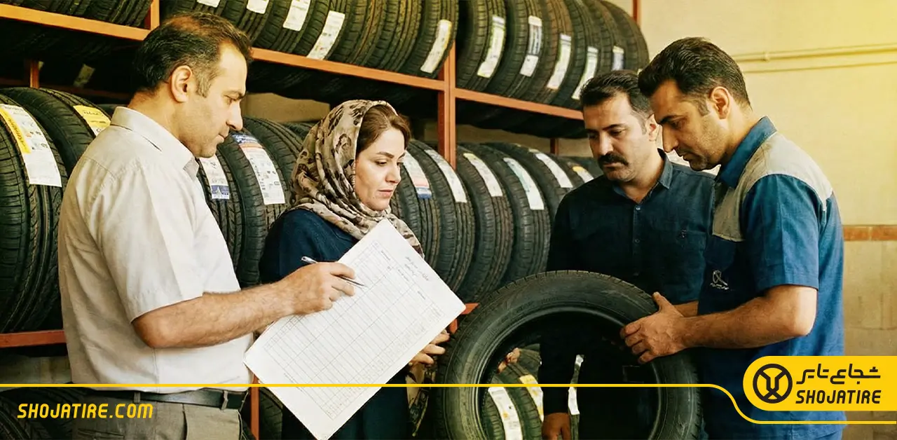 کارکنان فروشگاه لاستیک در حال راهنمایی برای خرید لاستیک خودرو در فروشگاه شجاع تایر